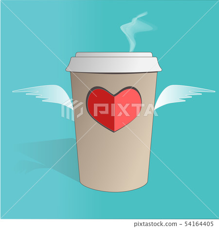 Illustration of flying paper coffee cup with heart and wings on blue background. Valentines day card Illustration of flying paper coffee cup with heart and wings on blue background. Valentines day card 54164405