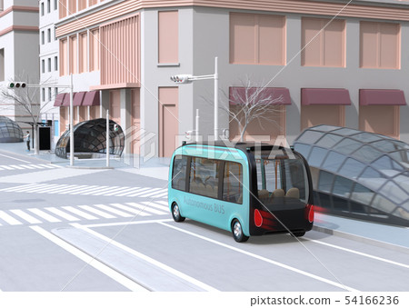 Image of metallic green self-driving bus passing an intersection 54166236