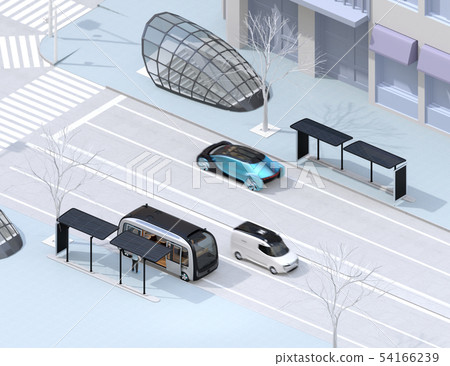 自動駕駛的公共汽車的圖像停在交叉路口附近的公共汽車站，側向行駛的EV送貨車和自駕車自駕車 54166239