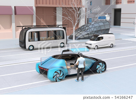 A man who has booked a ride share on a smartphone rides. The autonomous bus stops near the subway A man who has booked a ride share on a smartphone rides. The autonomous bus stops near the subway 54166247
