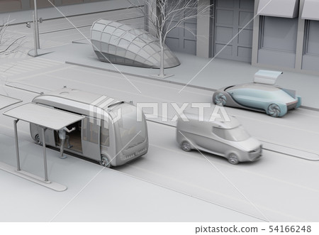 粘土渲染圖像，其中一名男子乘坐公共汽車站的自動駕駛巴士和EV家庭運送車輛從側面通過 54166248