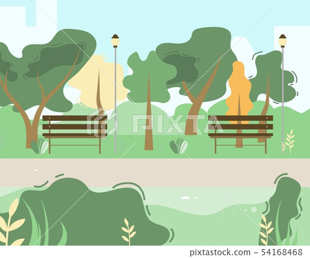 City Park Scene with Green Trees, Benches Cartoon 54168468