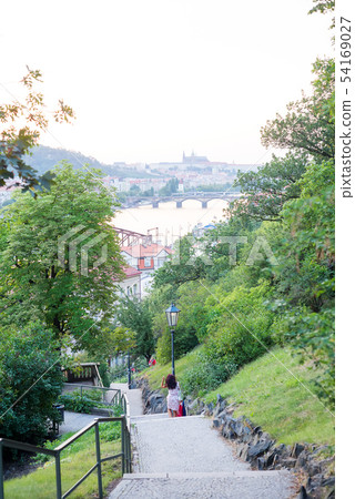 Old stone staircase in a park or forest overlooking the Vltava in Prague, Czech Republic 54169027