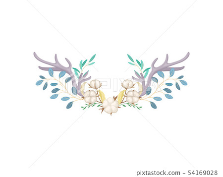Two wide antlers and cotton flowers. Vector illustration on white background. 54169028