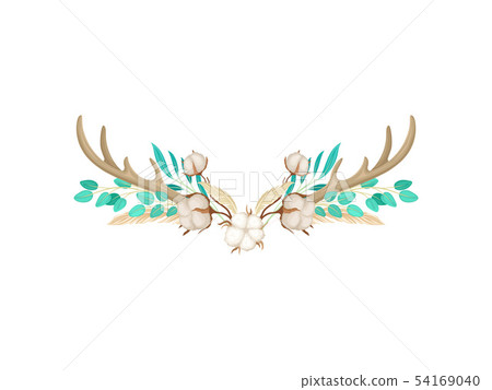 Two deer horns with cotton. Vector illustration on white background. 54169040