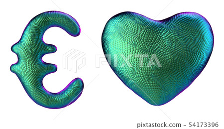 Symbol collection euro and heart made of 3d render green color. Collection of natural snake skin 54173396