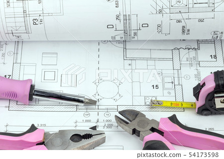 Homework tools with pink design on the blueprint 54173598