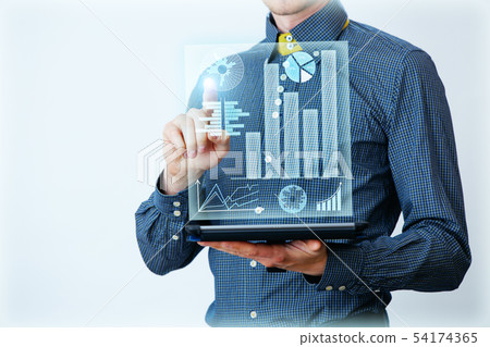 Businessman interacts with virtual screen, analyze data. Innovation Graphs Interfaces. Businessman interacts with virtual screen, analyze data. Innovation Graphs Interfaces. 54174365
