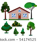 Modern, classic and simple house isolated on white background landscaped with plants 54174525