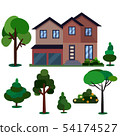Modern, classic and simple house isolated on white background landscaped with plants 54174527
