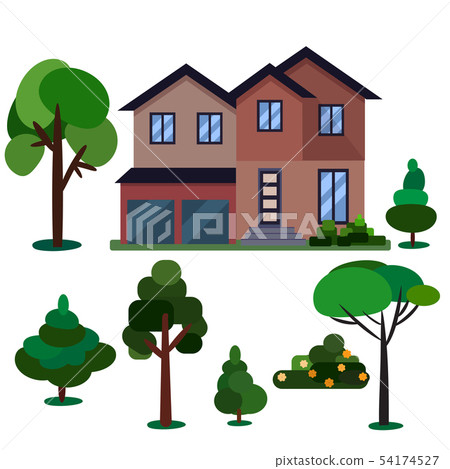 Modern, classic and simple house isolated on white background landscaped with plants Modern, classic and simple house isolated on white background landscaped with plants 54174527