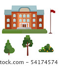 Building high school, public building, administration with flag tree,spruce, bush isolated on white 54174574