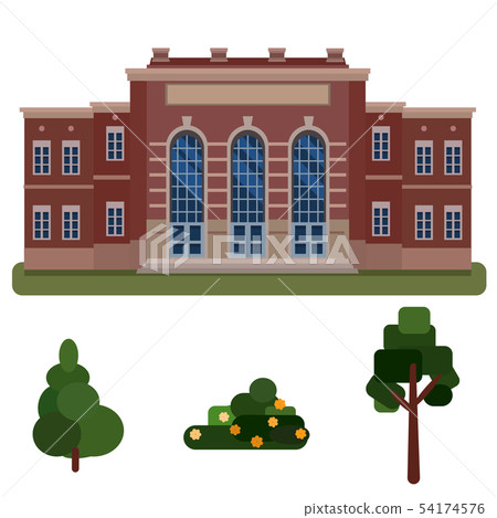 Building high school, public building, administration tree,spruce, bush isolated on white background Building high school, public building, administration tree,spruce, bush isolated on white background 54174576