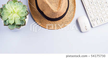 Straw hat, succulent and keyboard on neutral gray 54175730