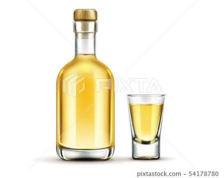 Gold tequila bottle and shot glass mock up drink 54178780