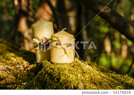 two wax candles on an old log in the forest 54178839