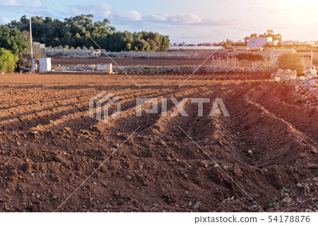 Closeup view of plowed agricultural field prepared Closeup view of plowed agricultural field prepared 54178876