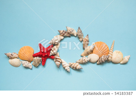 Round frame with seashells and red starfish Round frame with seashells and red starfish 54183387