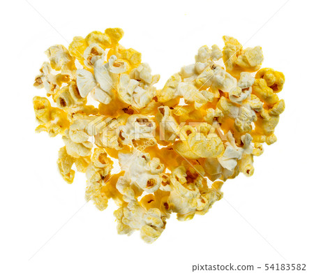 Cheese popcorn with heart shape isolated on white Cheese popcorn with heart shape isolated on white 54183582