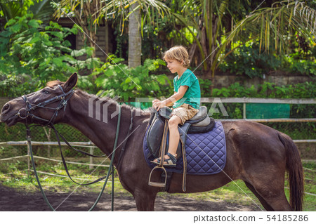 Boy horseback riding, performing exercises on horseback Boy horseback riding, performing exercises on horseback 54185286