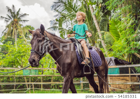 Boy horseback riding, performing exercises on horseback Boy horseback riding, performing exercises on horseback 54185331