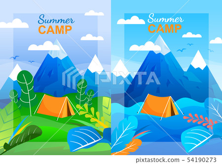 Cartoon Summer Camp Vertical Banner Template Set Stock