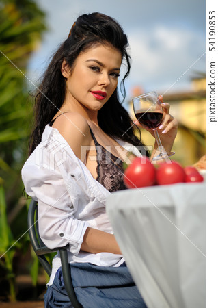 Vintage italian woman eating italian pasta with Vintage italian woman eating italian pasta with 54190853