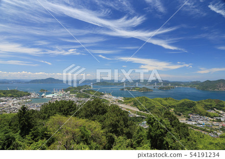 View the Kurushima Strait Bridge and Hatohhama Port from the Shikoku side View the Kurushima Strait Bridge and Hatohhama Port from the Shikoku side 54191234