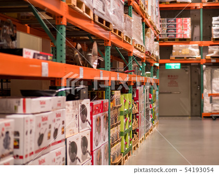 interior of warehouse. Rows of shelves with boxes 54193054