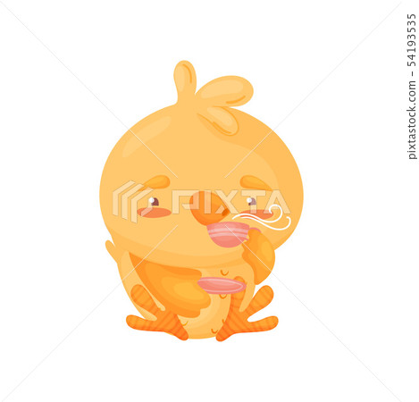 Cartoon little chicken drinks tea. Vector illustration on white background. 54193535