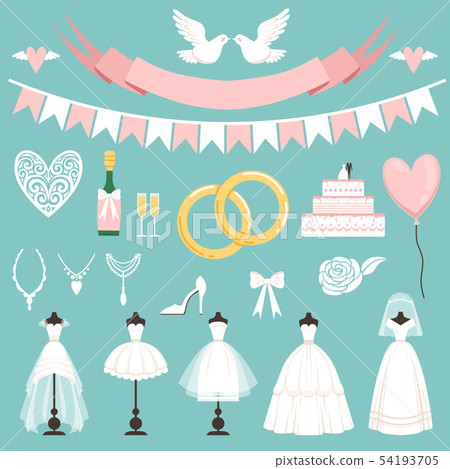 Wedding symbols in cartoon style. Cake, flowers, rings and other elements 54193705