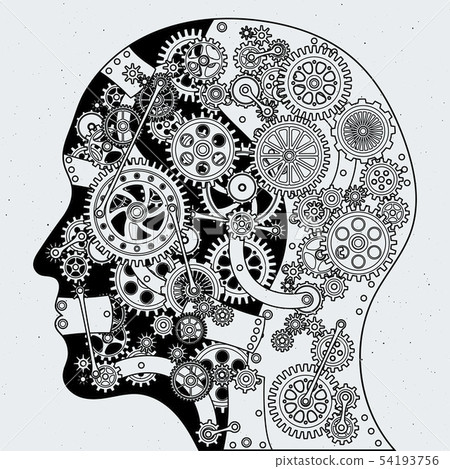 Human head with clock mechanism and different cogwheels. Vector hand drawn illustrations in 54193756