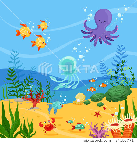 Underwater background illustration with ocean animals, plants and fishes. Vector pictures Underwater background illustration with ocean animals, plants and fishes. Vector pictures 54193771
