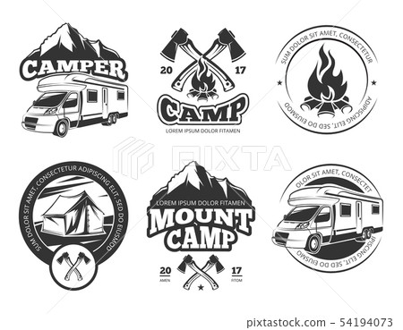 Vintage vector labels set with camper near mountain, tent and firtrees. Monochrome camping logo 54194073