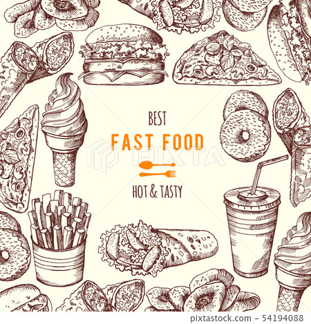 Hand drawn fast food background illustration. Vector pictures 54194088
