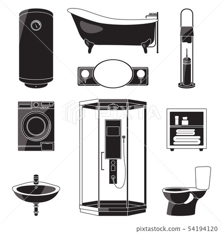 Monochrome illustrations of bathroom furniture and others sanitary symbols. Vector black pictures 54194120