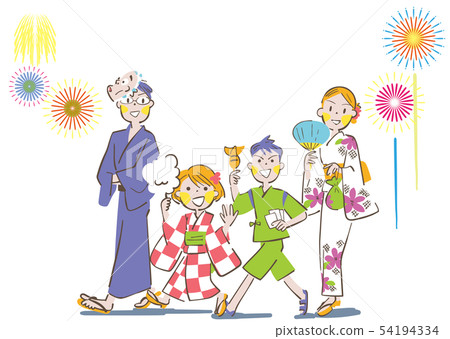 Parents and children enjoying summer night fireworks Parents and children enjoying summer night fireworks 54194334