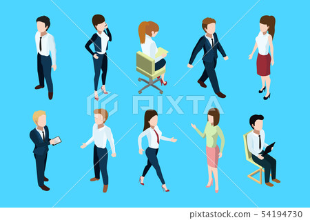 Different business peoples standing and sitting in office interior. 3d vector isometric illustration Different business peoples standing and sitting in office interior. 3d vector isometric illustration 54194730