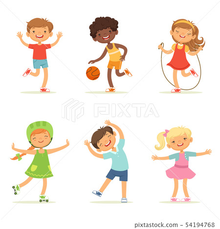 Kids playing in active games. Vector illustrations of funny children at playground 54194768
