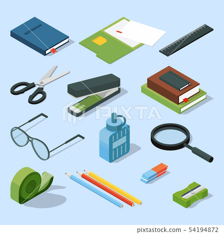 Books, paper documents in folders, and other base stationary elements set. Vector isometric office Books, paper documents in folders, and other base stationary elements set. Vector isometric office 54194872