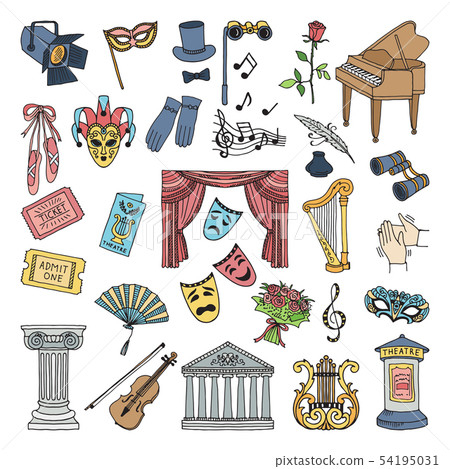Colored symbols of theatre. Ballet and opera vector icons set isolate Colored symbols of theatre. Ballet and opera vector icons set isolate 54195031