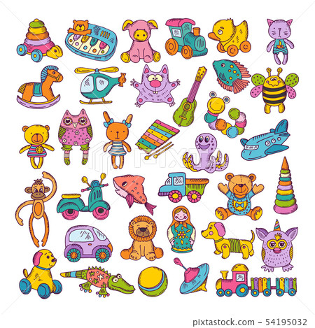 Color icons of children toys. Hand drawn vector illustrations. Doodle set 54195032