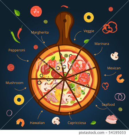 Different ingredients of classical italian pizza. Delicious food illustration. Vector infographics 54195033