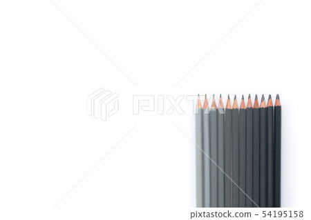 Row of gray pencils on a white background. Top view. Copyspace 54195158