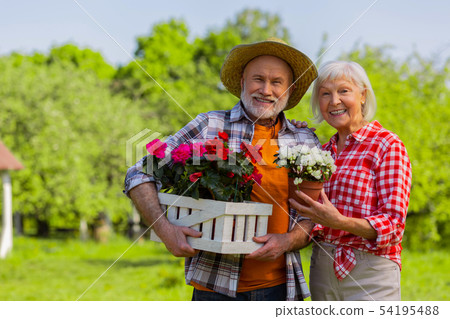 Husband and wife smiling broadly standing with flower pots Husband and wife smiling broadly standing with flower pots 54195488