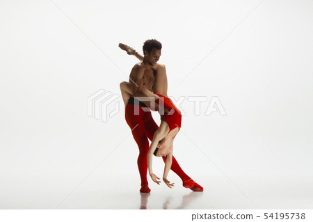 Young graceful couple of ballet dancers dancing on white studio background Young graceful couple of ballet dancers dancing on white studio background 54195738