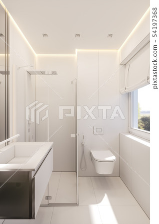3d illustration of a bathroom in a private cottage. Interior design in white without textures 3d illustration of a bathroom in a private cottage. Interior design in white without textures 54197368