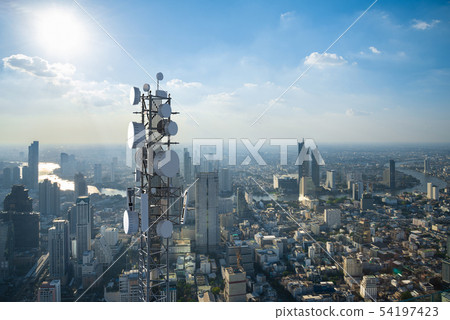 Telecommunication tower with 5G cellular network 54197423