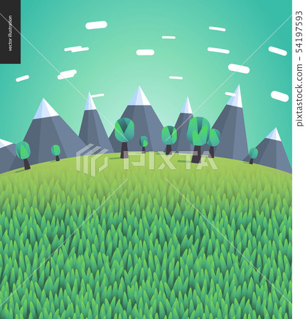 Flat illustrated landscape with mountains - Stock Illustration ...