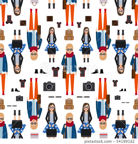 Girl hipster flat style seamless pattern - Stock Illustration [54199182 ...